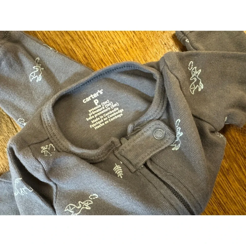 Carters Baby Boy Preemie Outfit One Piece Romper Footless Clothes Gray Dinosaur - Picture 6 of 6